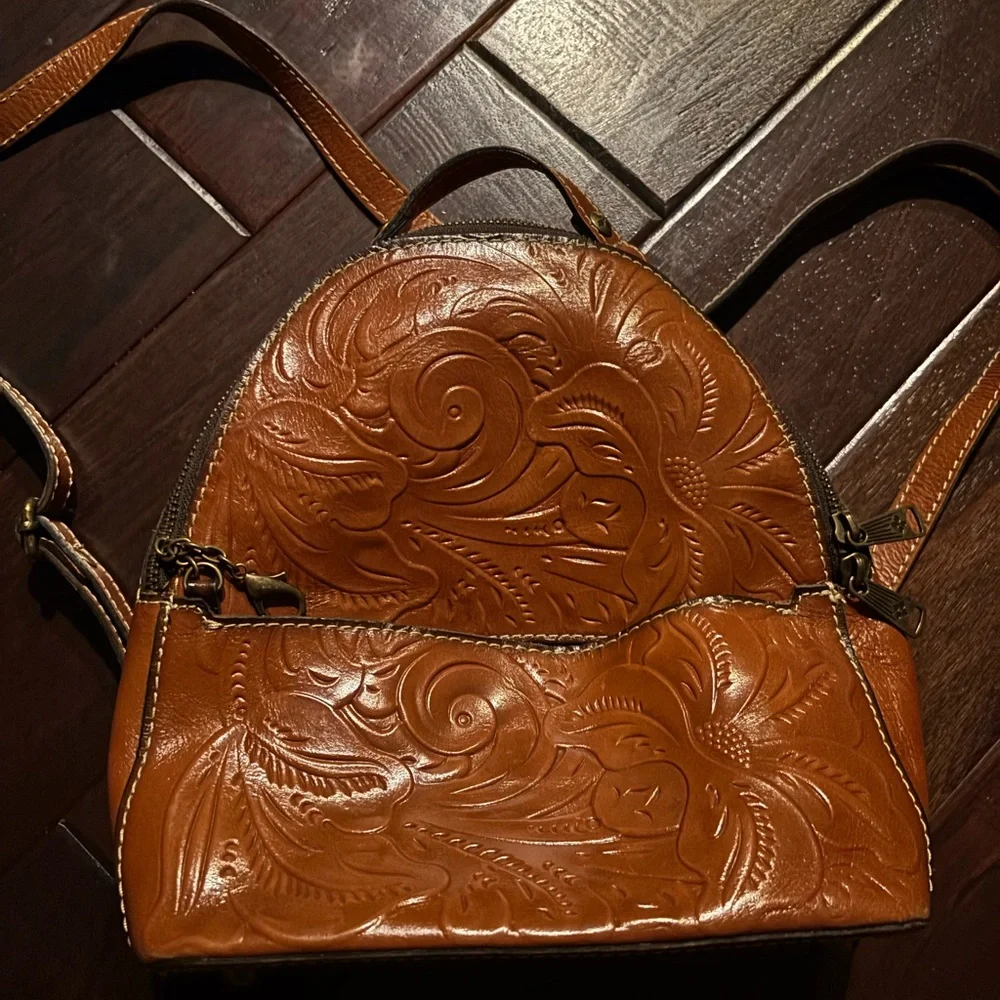 Patricia Nash Floral Embossed Tan Leather Backpack - Picture 2 of 6